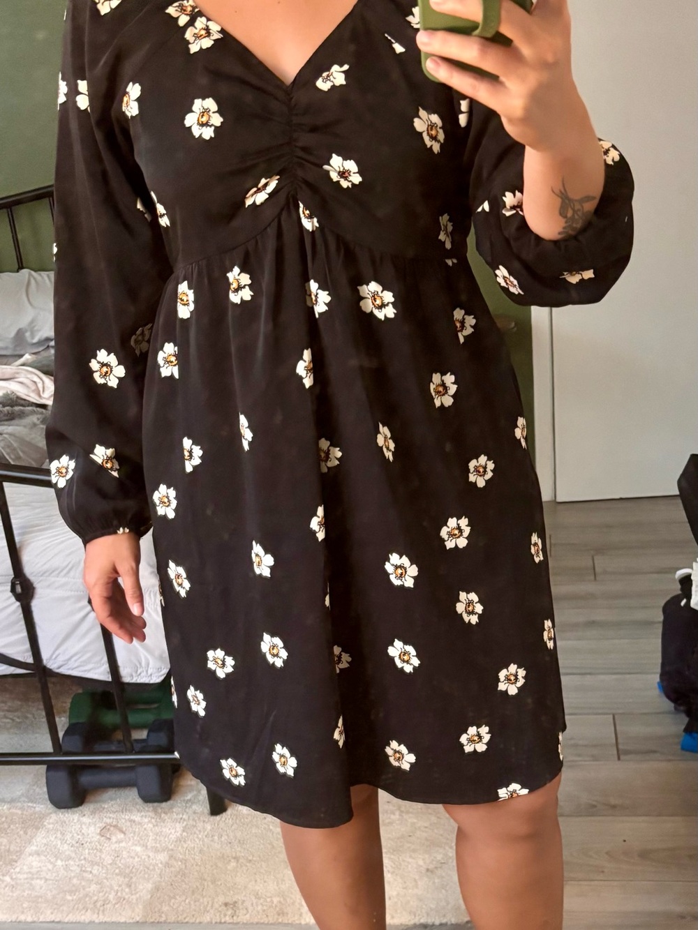 Black Floral V-Neck Long Sleeve Dress by
